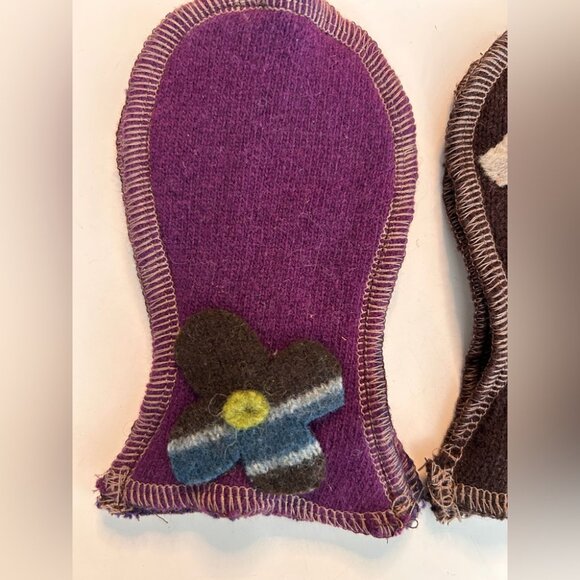 Handmade Recycled Wool Infant Mittens in Brown & Purple with Flower & Dog - Picture 3 of 7